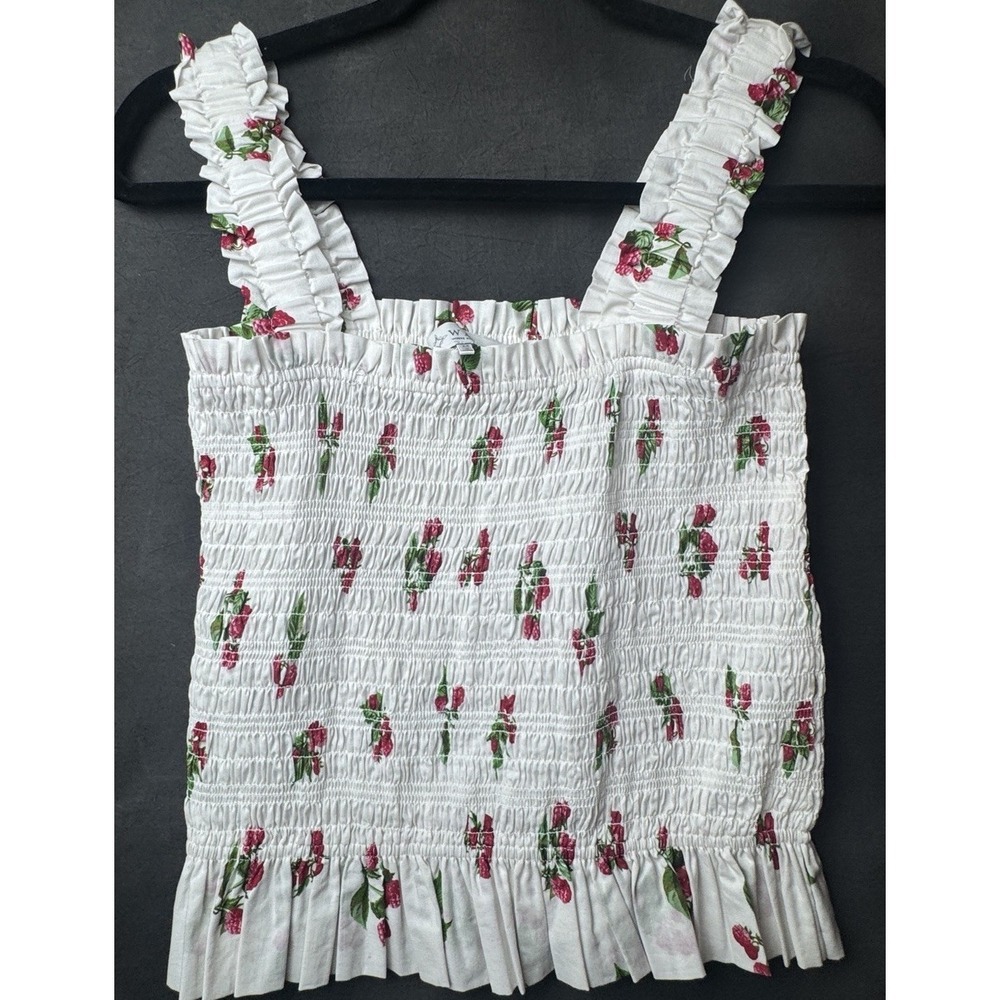 WAYF Strawberry Print Smocked Top M White Red Ruffle Strap Cottagecore Coquette